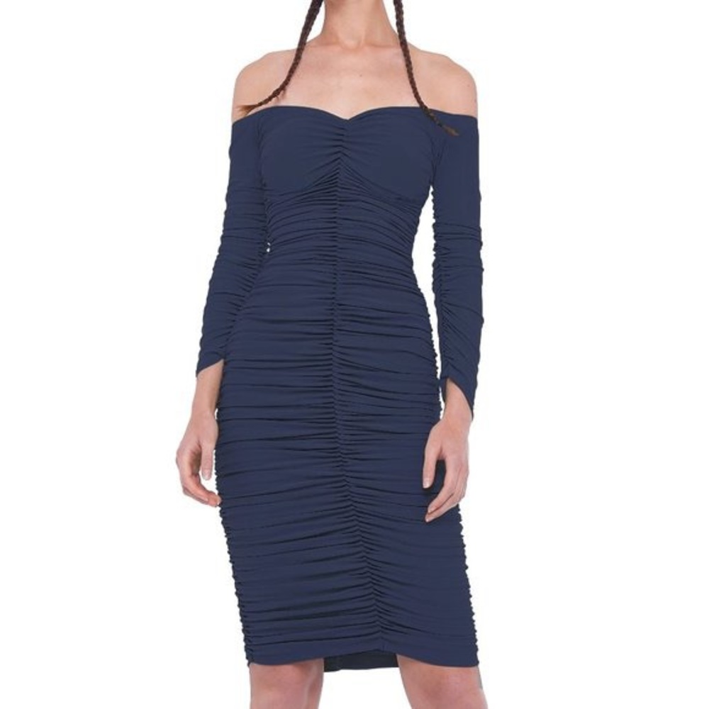 Norma Kamali Off Shoulder Slinky Dress Pewter